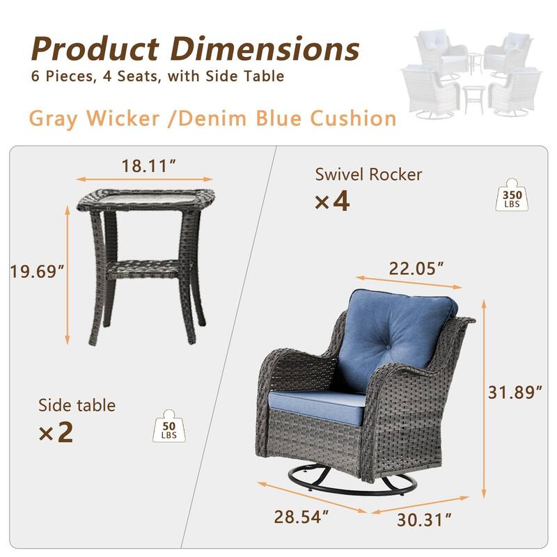 6 piece Wicker Patio Furniture Set with Outdoor Swivel Chair Cushions