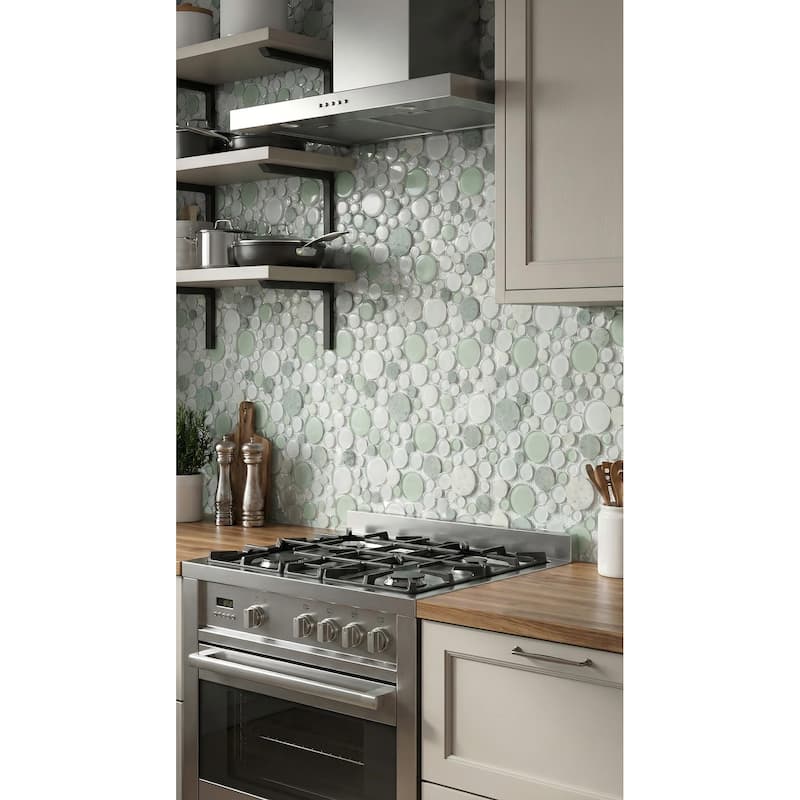 Green & White Pebble Round Glass And Marble Mosaic Tile - Case (10 Sheets)