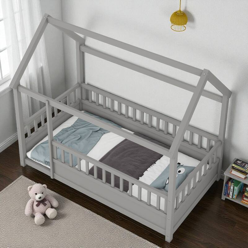 Twin/Full Wooden House Frame Floor Bed with Fence Guardrails, Montessori Style Kids Bed, Pine Wood Low Profile Design