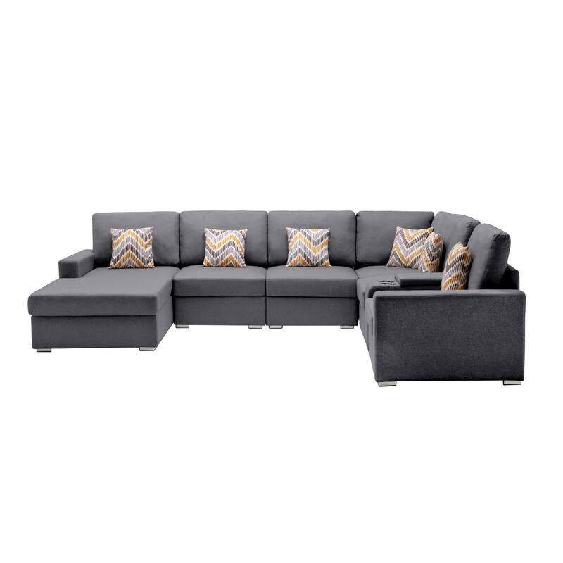 Linen Fabric 7 Piece U-Shaped Reversible Chaise Sectional Sofa with Storage Console Table and 6 Pillows - Gray