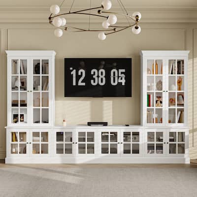 Bookshelves White Storage Unit Glass Display Doors Stylish TV Stand Entertainment Bookcase