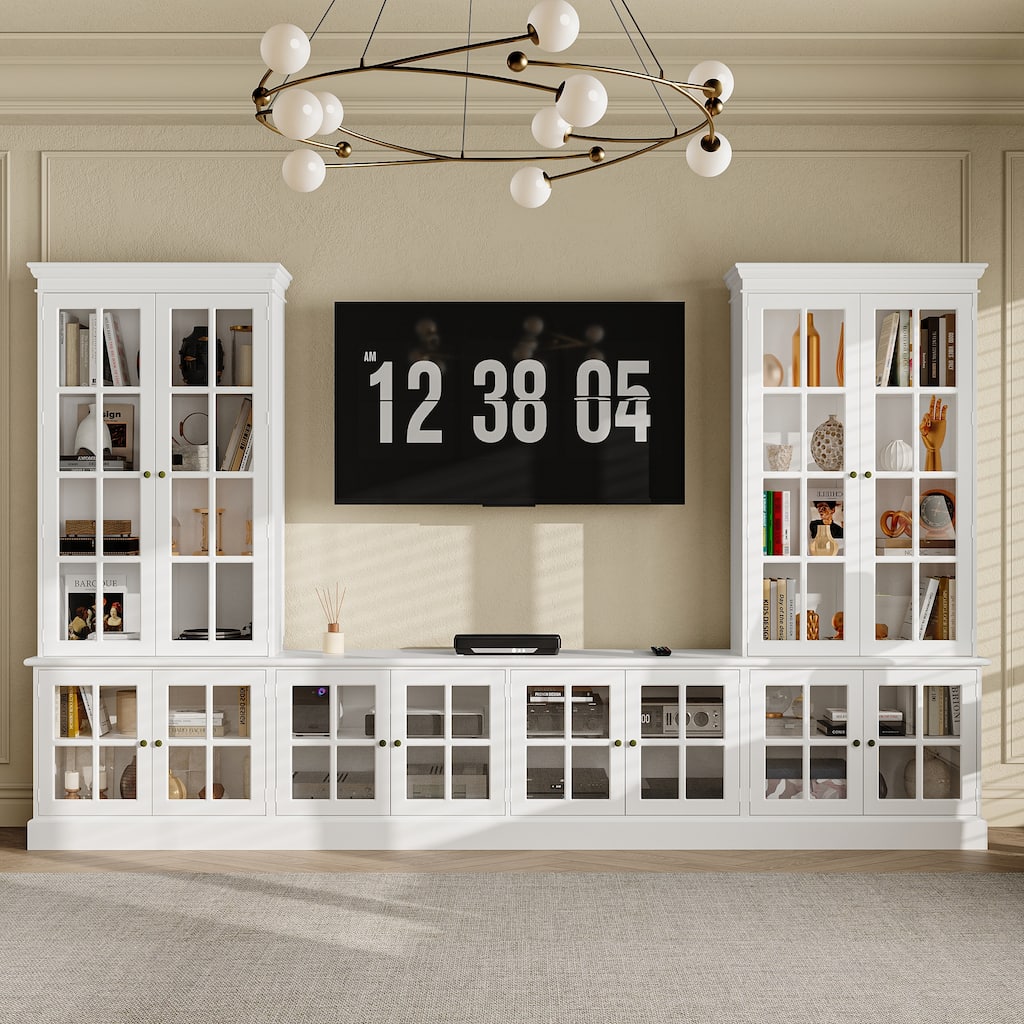 Bookshelves White Storage Unit Glass Display Doors Stylish TV Stand Entertainment Bookcase