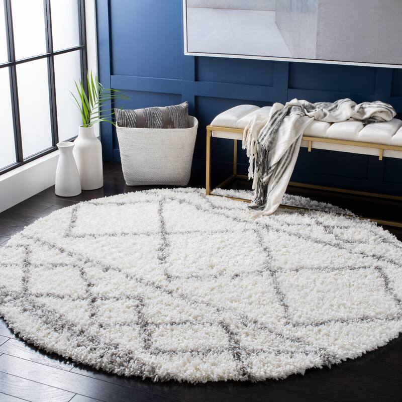 SAFAVIEH Pro Lux Shag Dottie Moroccan Tassel 2.4-inch Thick - 6'7" Round - Ivory/Grey - Runner/Round
