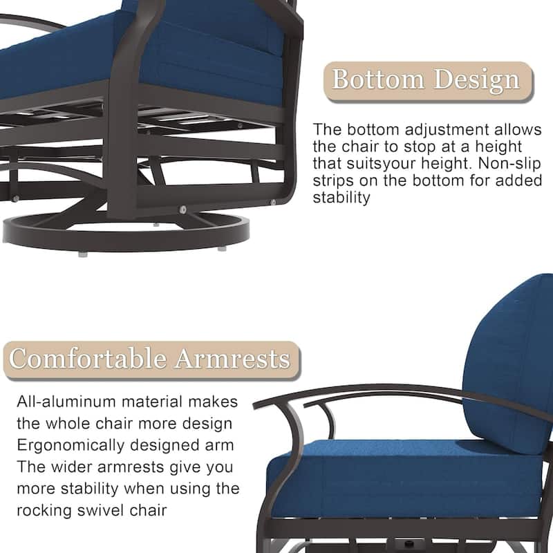 Kullavik 3Pcs Aluminum Rocking Chair Swivel Chairs Set with Glass Top Table & 5" Thick Cushion