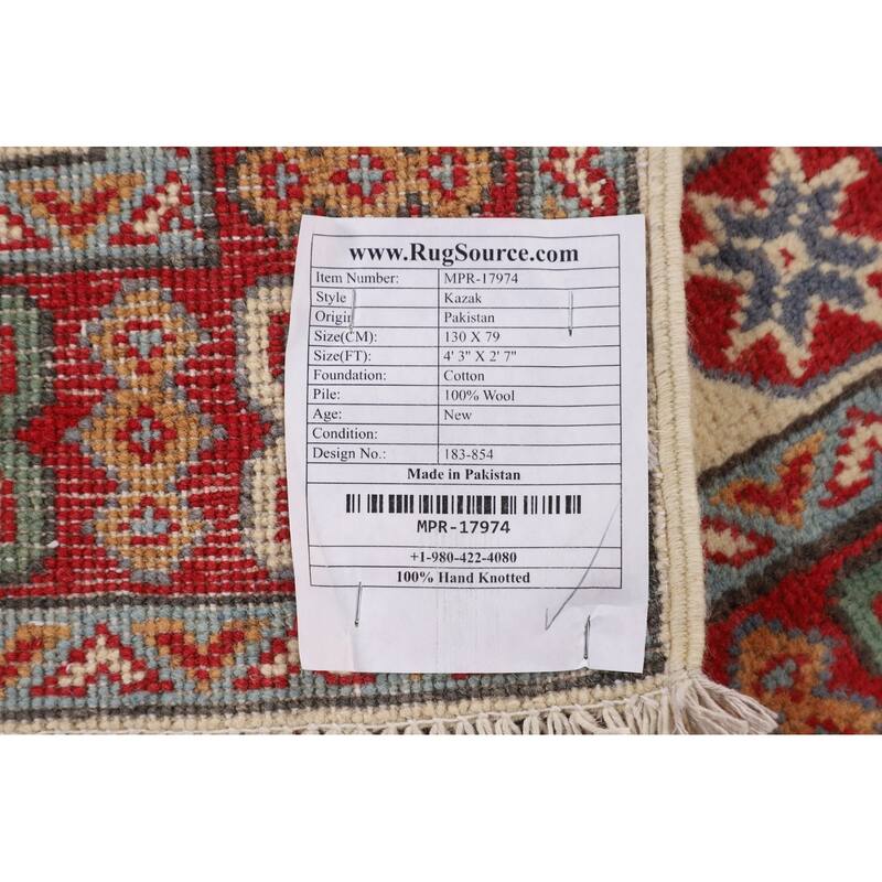 Ivory Geometric Kazak Accent Rug Hand-Knotted Wool Carpet - 2'7" x 4'3"