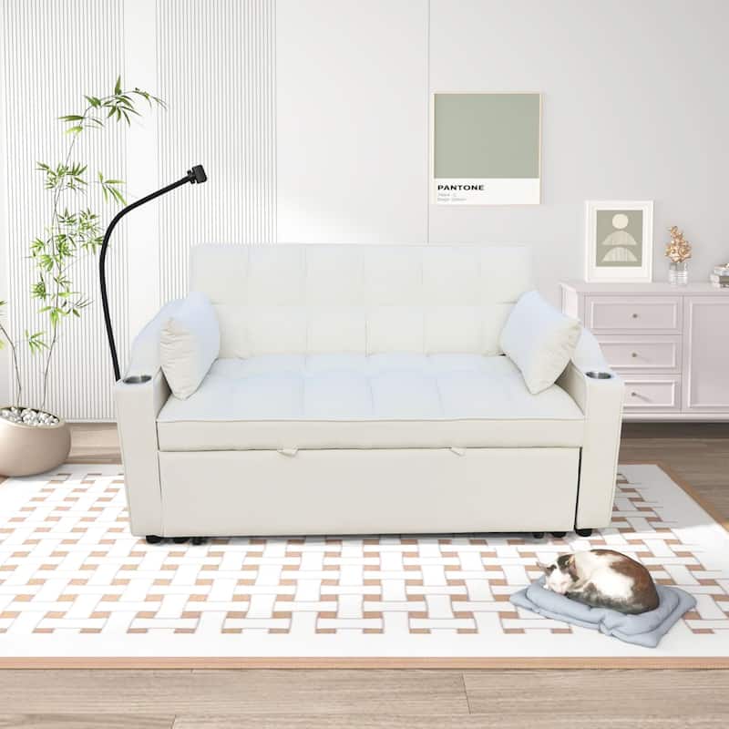 Convertible Sofa Bed with Holders, Velvet Loveseat with Reclining Backrest, Small Sofa with Toss Pillows and Pockets
