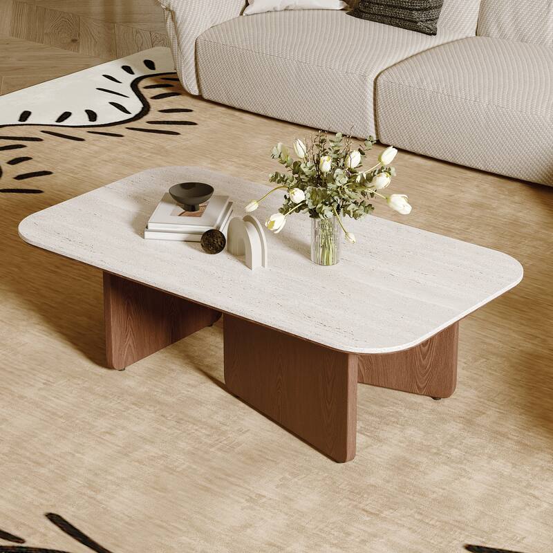 Mid Century 51.18" Coffee Table, Beige Sintered Stone Table Top, 3 Solid Wood Legs, Brown