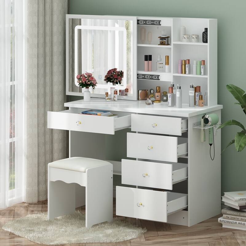 Vanity Set Dressing Table w/Lighted Makeup Mirror and Charging Station