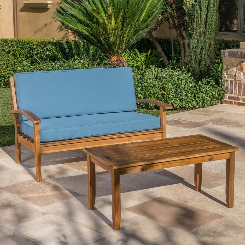 2 Piece Acacia Wood Chat Set with Coffee Table and Water Resistant Cushion