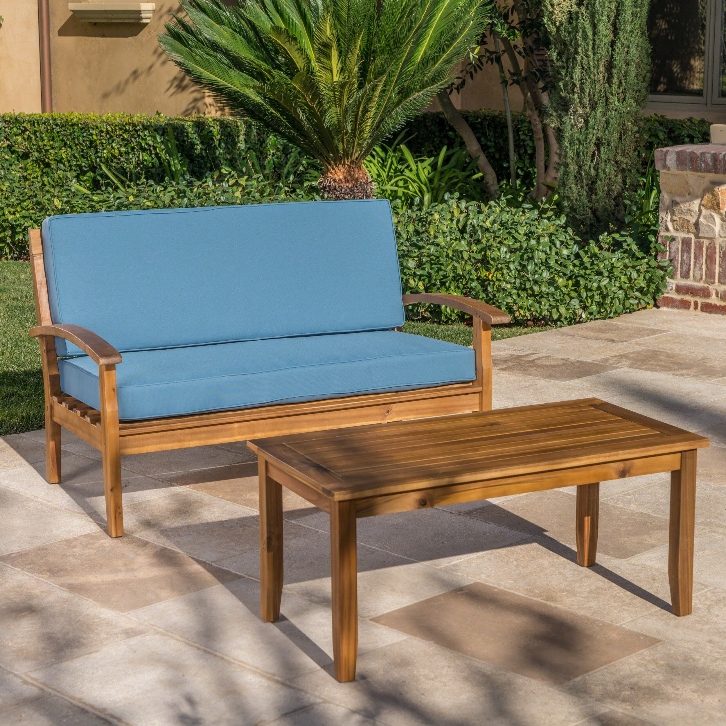 Wood Outdoor Loveseat and Coffee Table Set, 2-Piece Teak Patio
