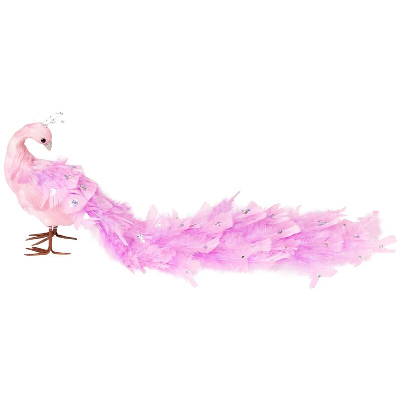 Glittered and Jeweled Peacock Christmas Decoration with Mini Faux Pearls - 22" - Pink