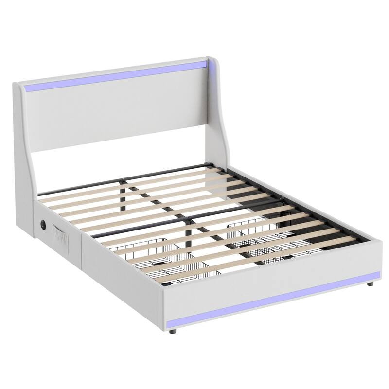 Upholstered LED Bed Frame with 2 Storage Drawers and Wingback Headboard Linen Fabric Platform Bed with Charing Station
