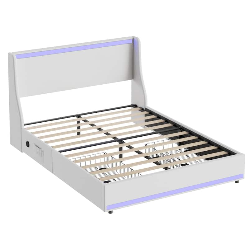 VECELO Modern LED Upholstered Platform Bed Frame with 2 Storage Drawers, USB & Type-C Ports, Full/Queen Size Bed