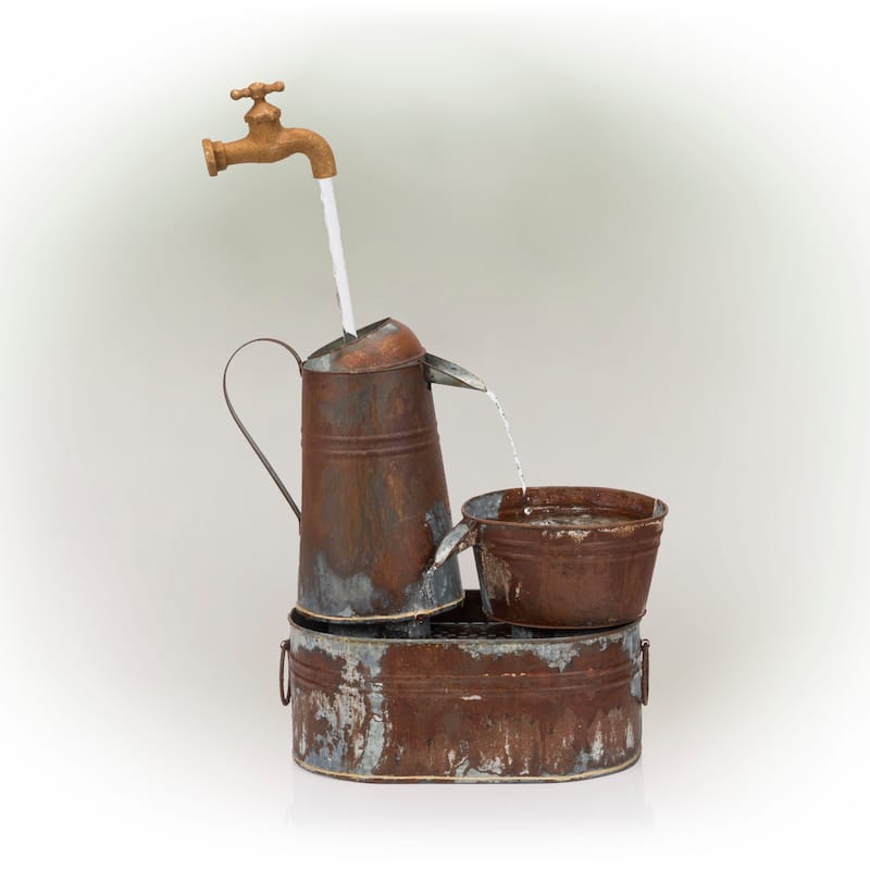 Alpine Corporation 34" Outdoor Rustic Watering Can Fountain Vintage Watering Can Design, Bronze and Silver