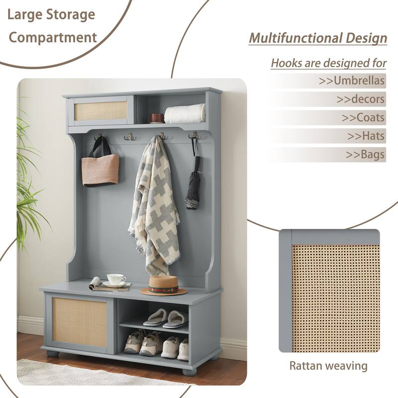 Hall Tree Entryway Bench with Rattan Door Shelves and Shoe Cabinets