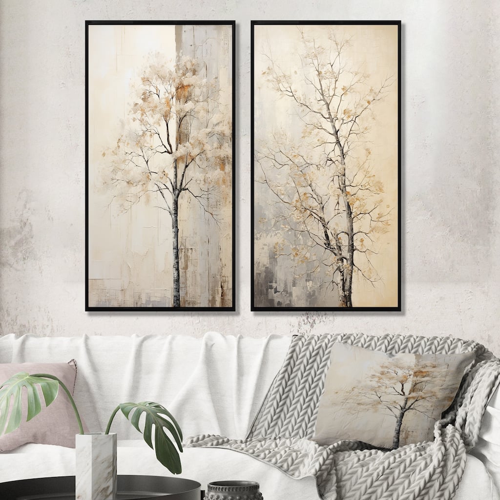 Designart "Beige Trees Oak Solitude" Tree Oak Framed Art Set Of 2 - Traditional Wall Art Set beige Wall Decor 2 Pieces