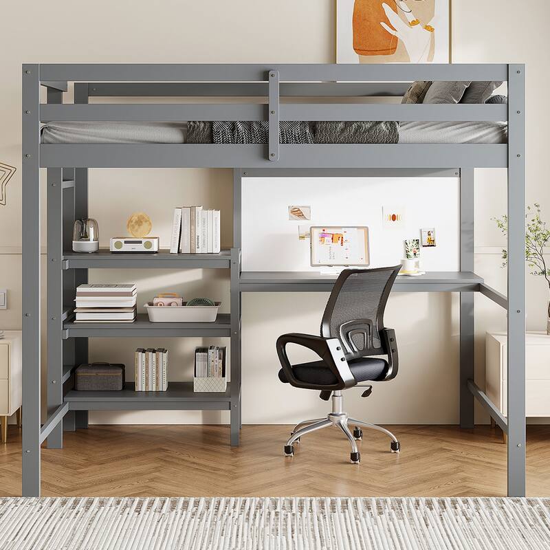 Twin Size Wooden Loft Bed with Built-In Desk, 3-Tier Shelves, Writing Board and Safety Guardrails, Space-Saving Design - Grey - Twin