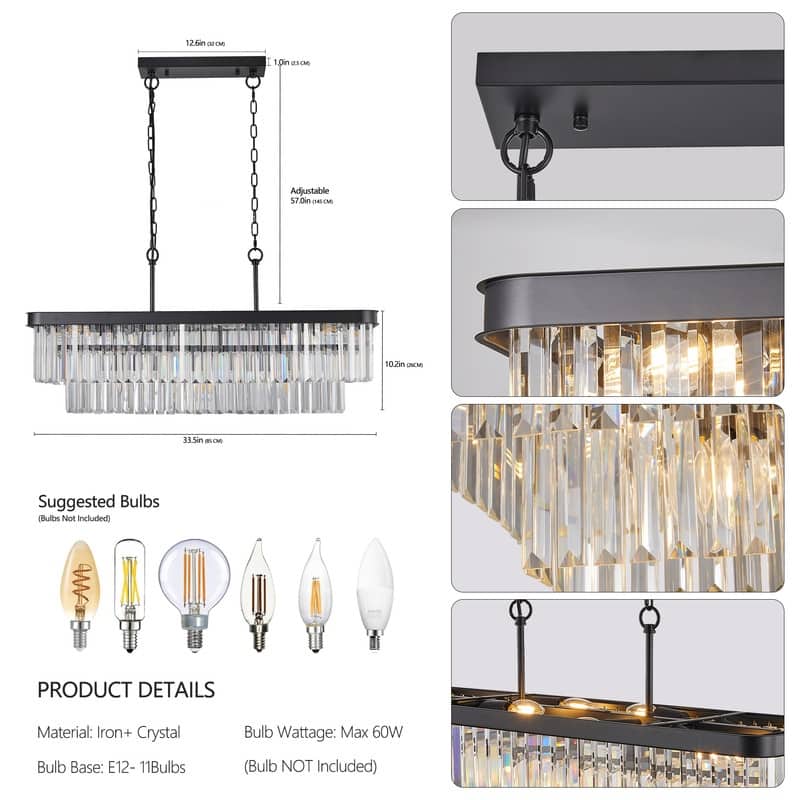 Adjustable Rectangular Crystal Chandelier - E12 Modern Industrial Farmhouse Ceiling Light with Iron Frame (Bulbs Not Included)