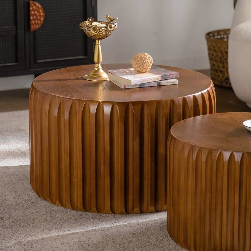 Set of 2 Fluted Round Coffee Table - Solid Wood & MDF Nesting Center Table (26.77"/19.69")
