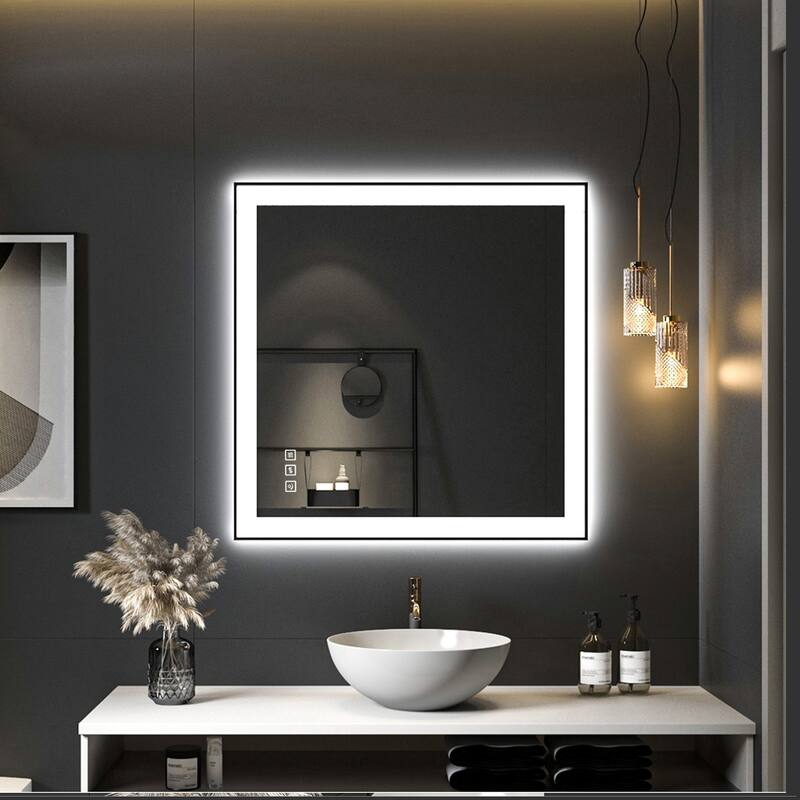 TOOLKISS Black Frame Anti-Fog Dimmable LED Light Vanity Bathroom Mirror with Backlit and Front Light