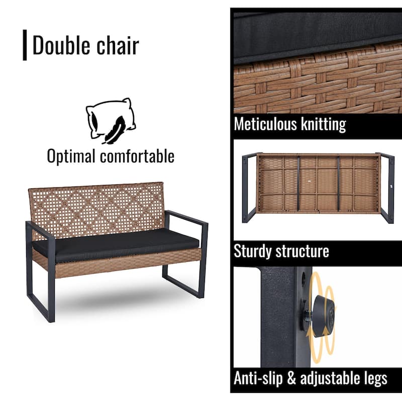 GDFStudio - Outdoor 4-Piece Acacia Wood and PE Rattan Patio Furniture Set with Cushions