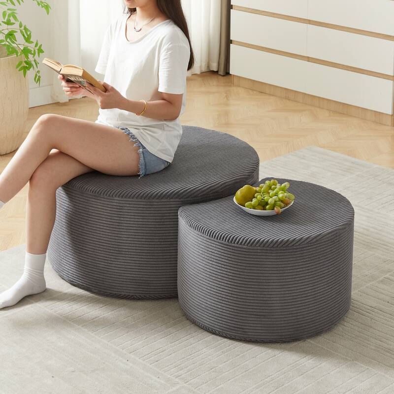 Nesting Tables Set of 2, Corduroy Upholstered Round Coffee Table and Crescent Moon Side Table Set of 2, End Tables Ottomans