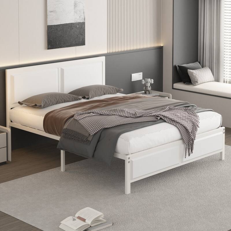 VECELO Platform Bed Frame with Wooden Headboard, Heavy Duty Steel Slats Support, No Box Spring Needed