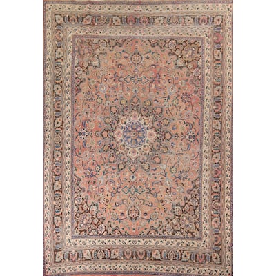 Distressed Mashad Vintage Persian Rug Hand-Knotted Floral Wool Carpet - 10'0" x 13'0"