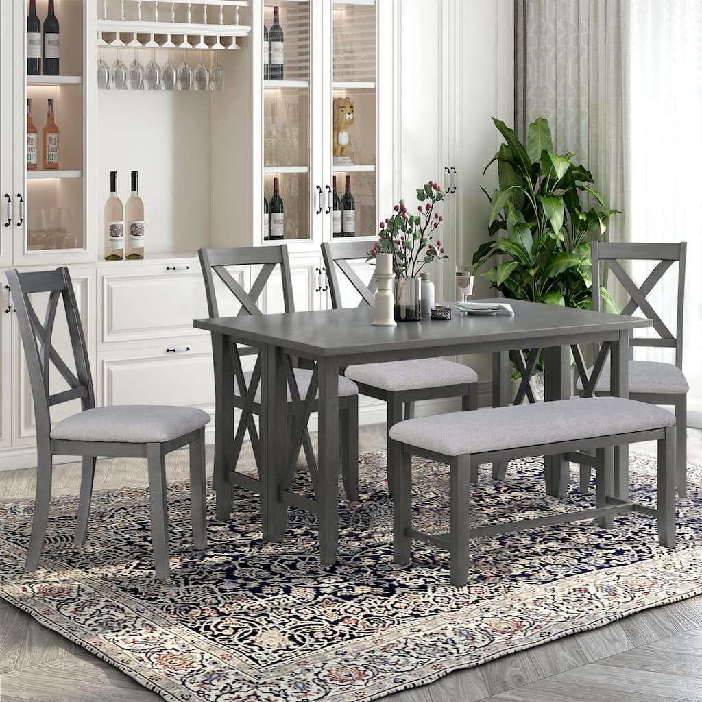 6-Piece Foldable Dining Table Set with 4 Decorative Cross-Back Upholstered Chairs & Bench, Solid Wood Kitchen Table Set