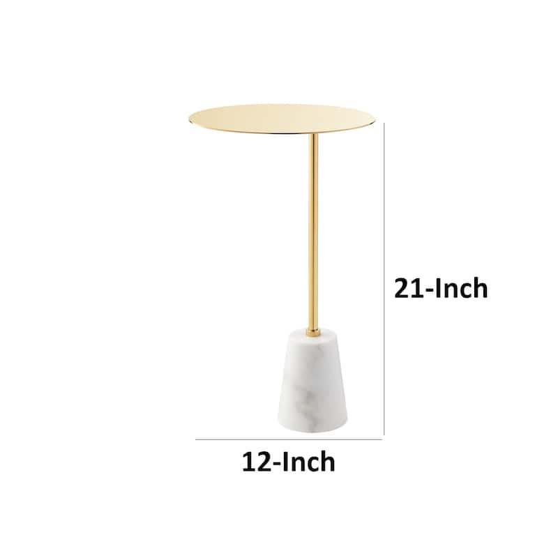 Frank 12 Inch Drink Side End Table, Gold Top, White Marble Solid Cone Base