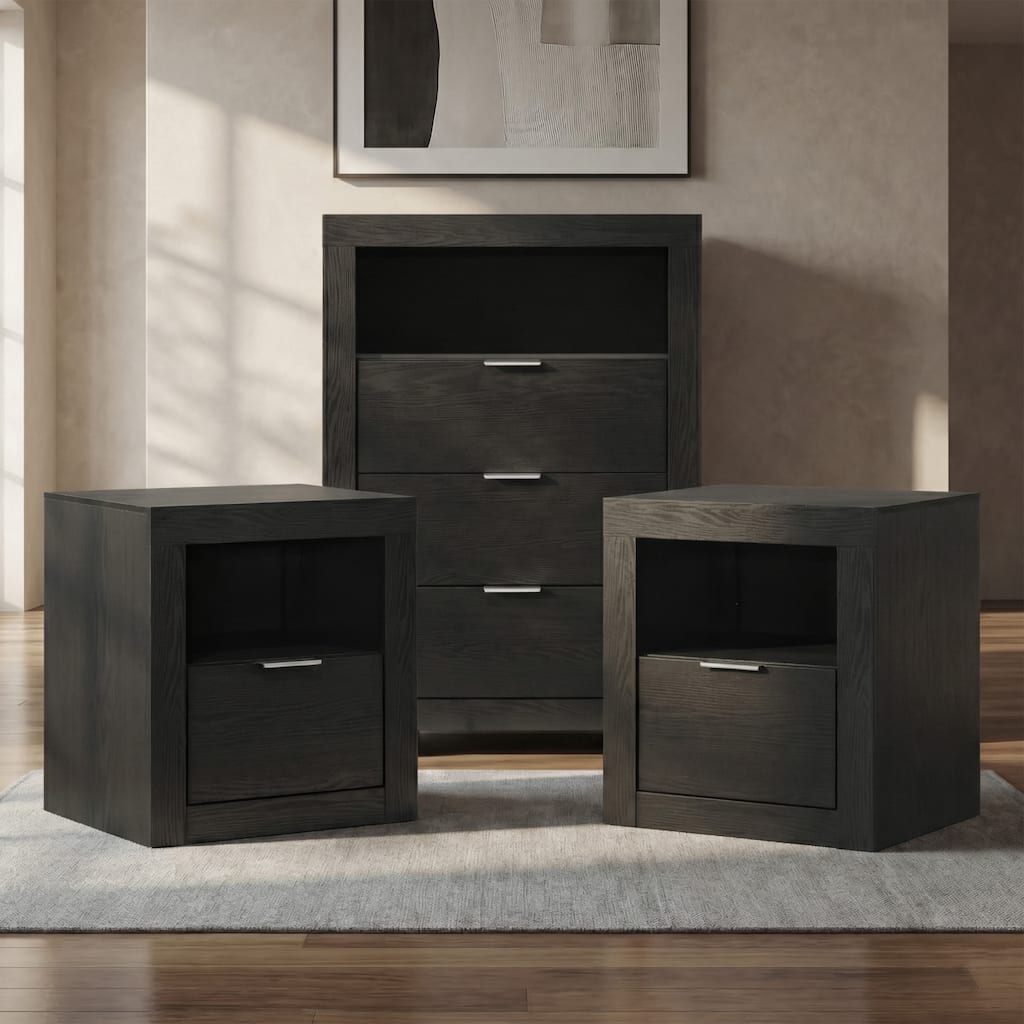 Furniture of America Merro Modern 3-Piece Solid Wood Chest and 2 Nightstand Bedroom Set
