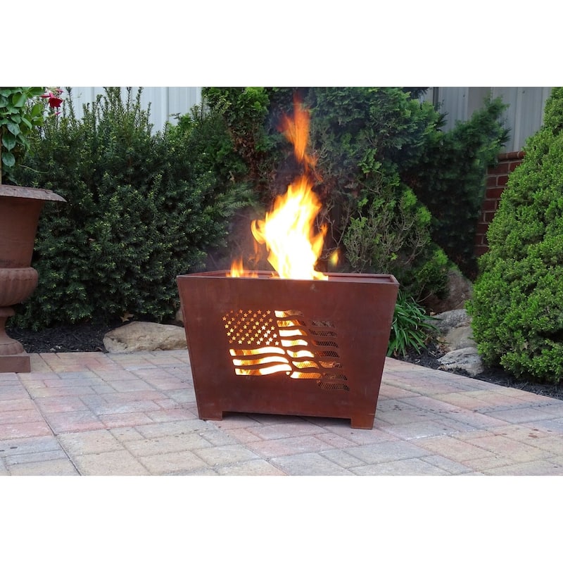 24" Brown Rustic Finish American Flag Eagle Square Outdoor Fire Basket