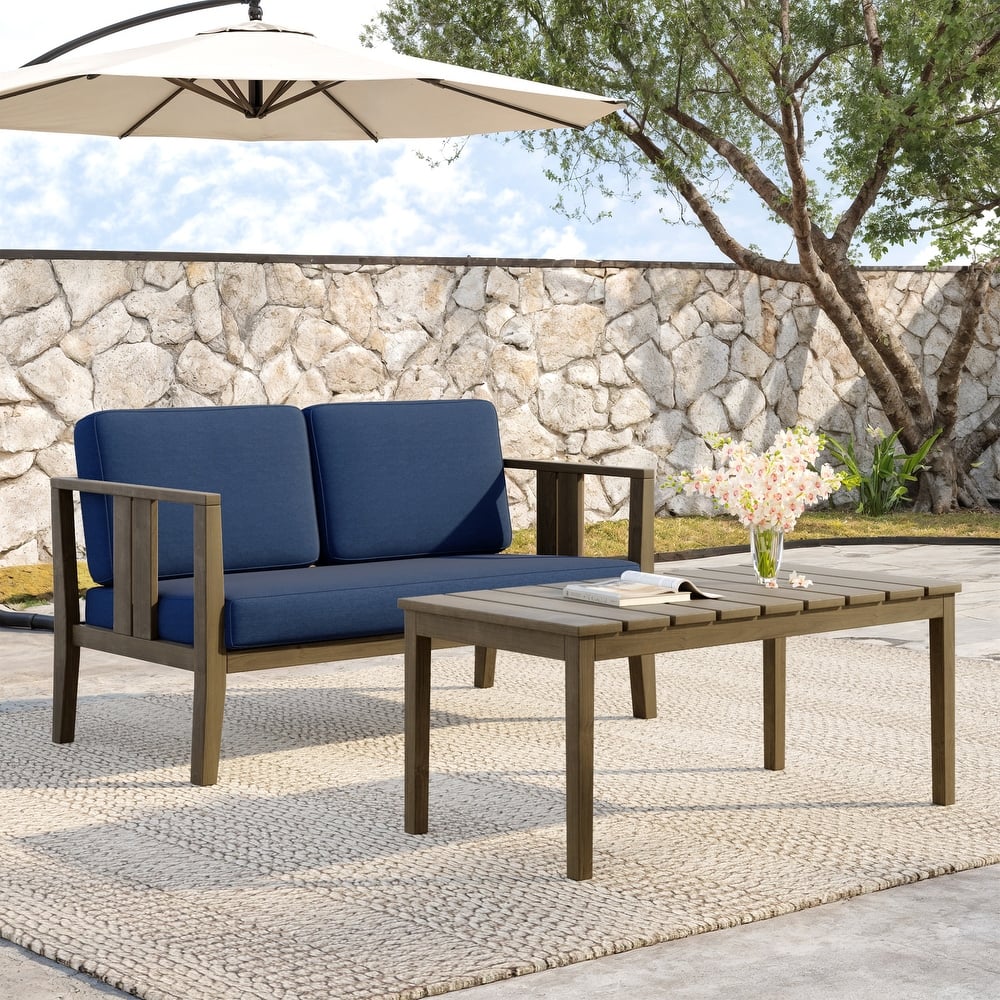 Teak Wood Water Resistant Outdoor Loveseat and Coffee Table Set (Set of 2)
