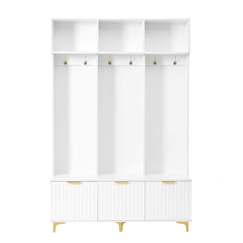 3-in-1 Hall Tree with Storage Bench & Shoe Storage, Glossy Fluted Cabinet Coat Rack with Gold Handles and Legs
