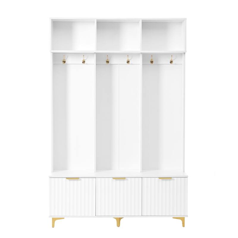 Storage Hall Tree with Bench, Multi-functional Storage Bench with High Gloss Fluted Doors, Coat Rack with 6 Hooks and Legs
