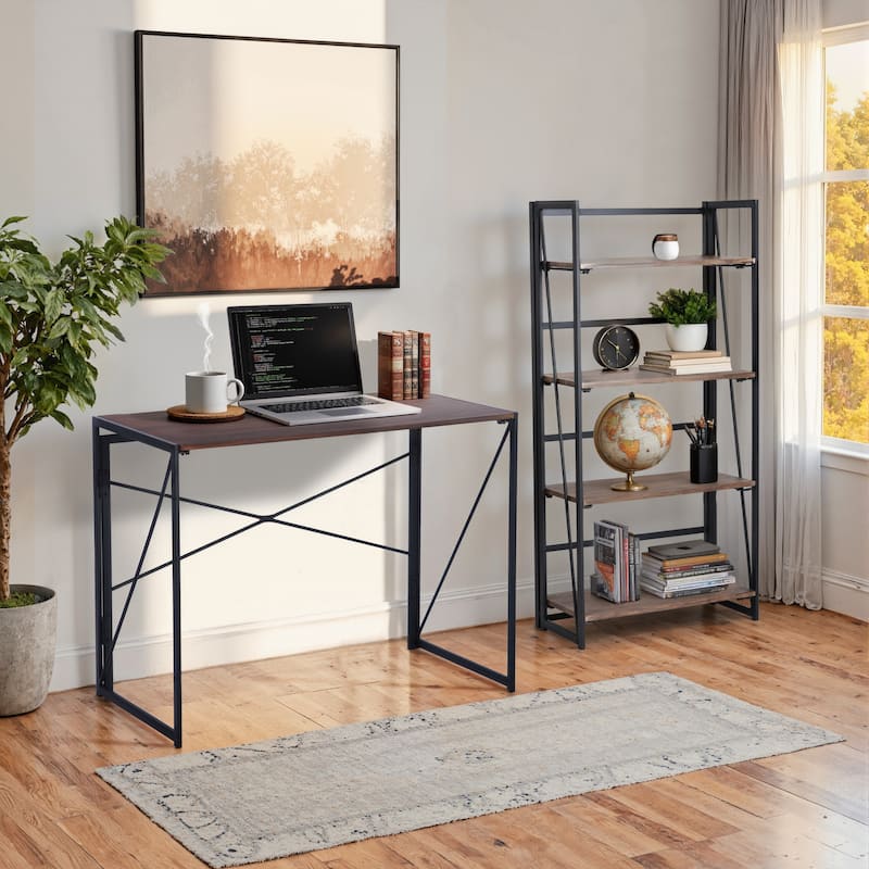 Industrial Home Office Bundle - 4-Tier Folding Bookshelf and 39" Study Desk, No Assembly Required