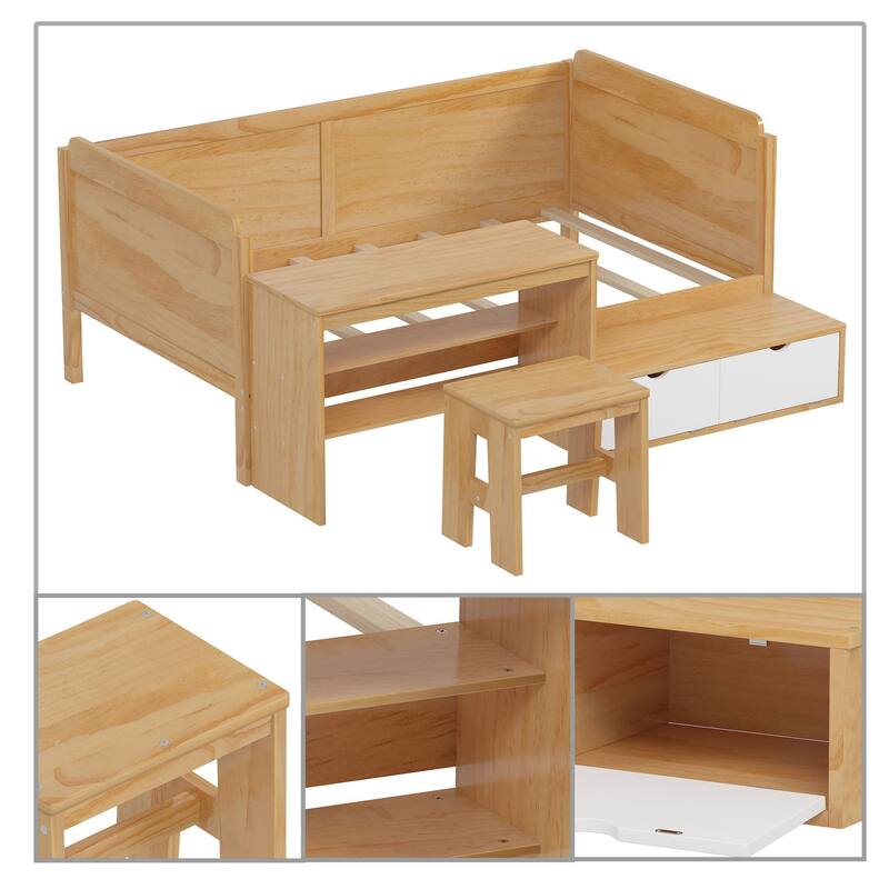 Versatile daybed frame with open storage and drop-down cabinets, a stool for bedrooms and guest rooms, Twin Size