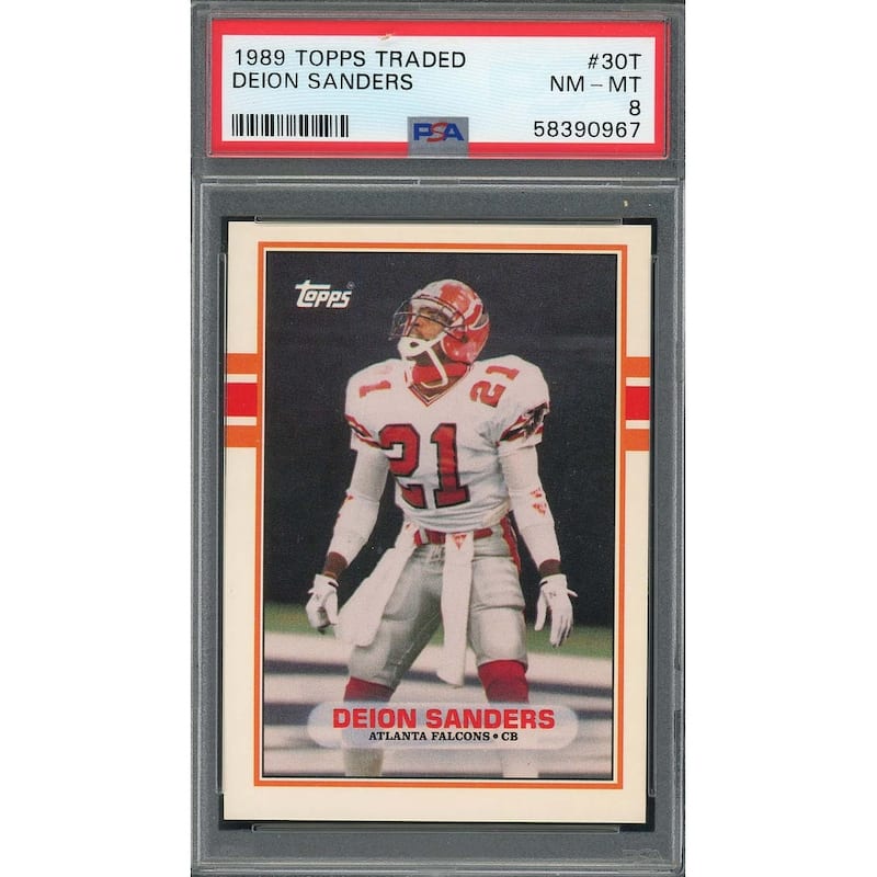 Deion Sanders 1989 Topps Traded Football Rookie Card RC #30T Graded PSA 8 - 8'6" x 11'6"