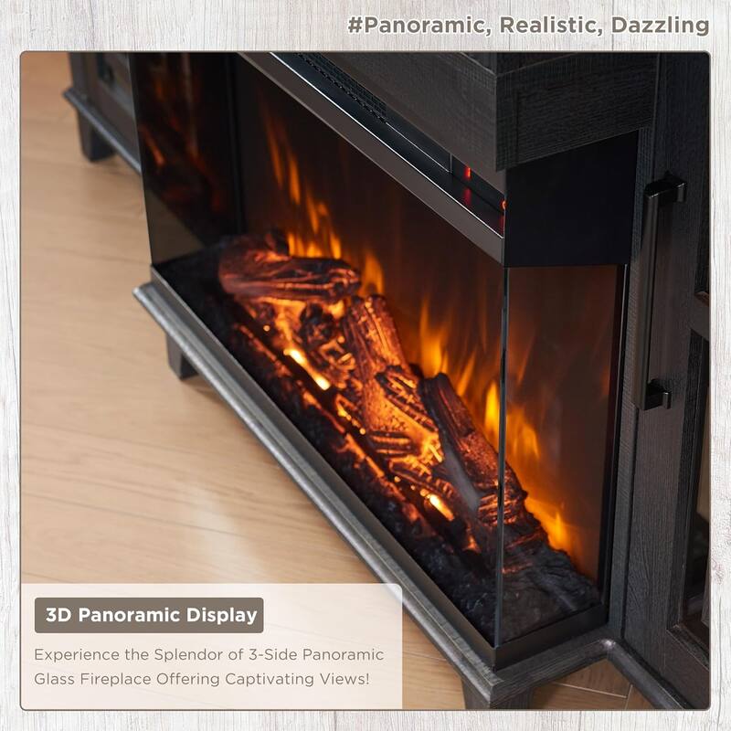 Farmhouse 3-Sided Glass Fireplace TV Stand for 75" TV, Media Console