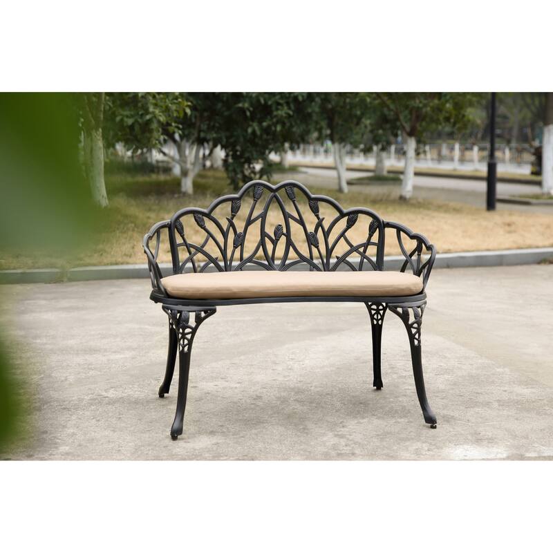Tulip Patio Garden Bench Metal Park Bench Cast Aluminum Outdoor Furniture With Floral Rose For Patio (Excluding the table)