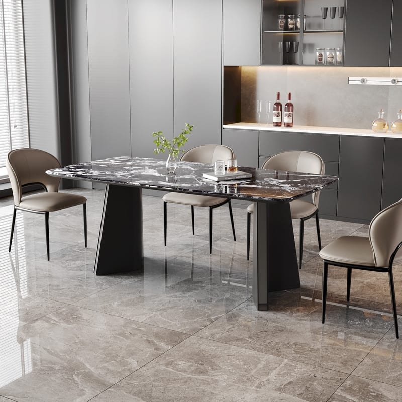 63" Modern Black Faux Marble Dining Table, Luxury Style Seats 4-6