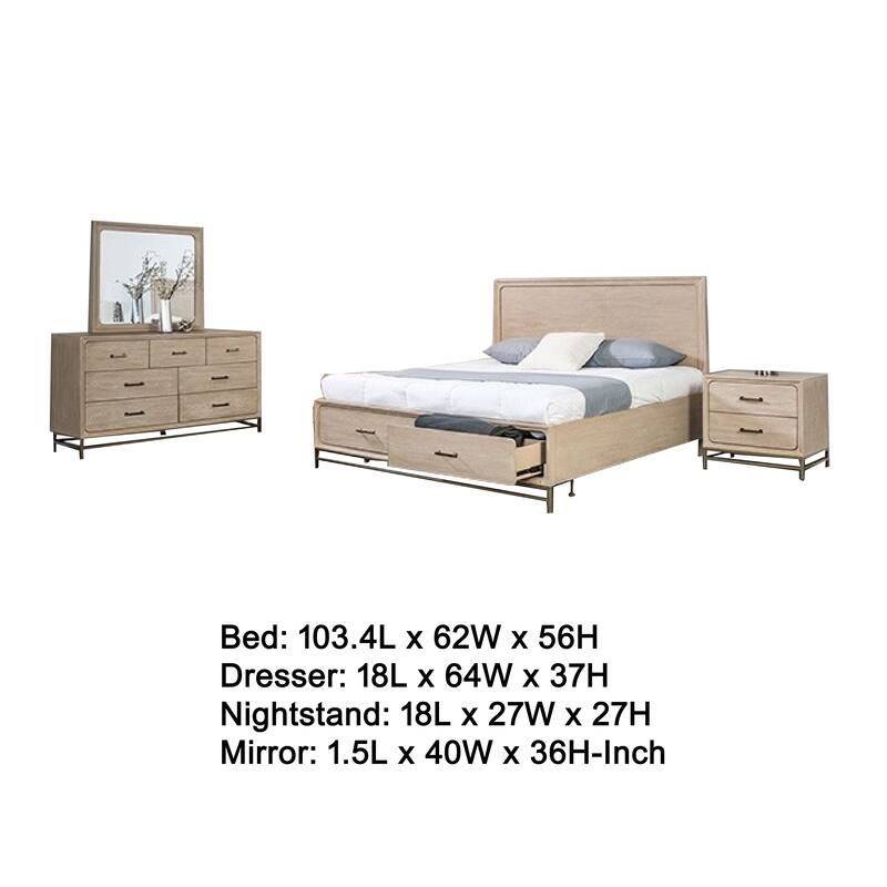 Rozie 5pc Queen Bedroom Set with Mirror, 2 Nightstand, Light Oak Brown