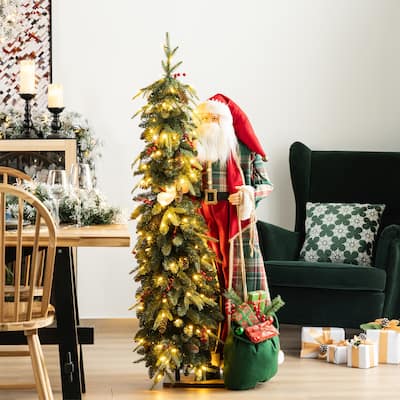 Glitzhome 4ft Oversized Woodland Santa with 5ft LED Lighted Green Artificial Christmas Tree