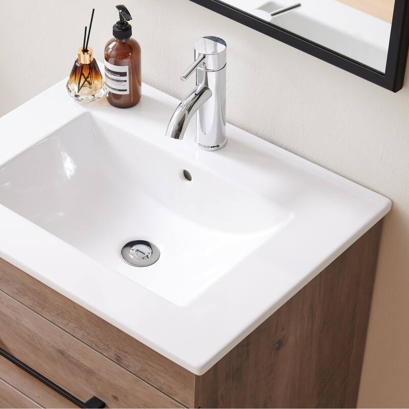 Anmytek 24-Inch White Ceramic Bathroom Sink Fits 32-Inch Vanities Pre-Drilled Faucet Hole Space-Saving Easy to Clean
