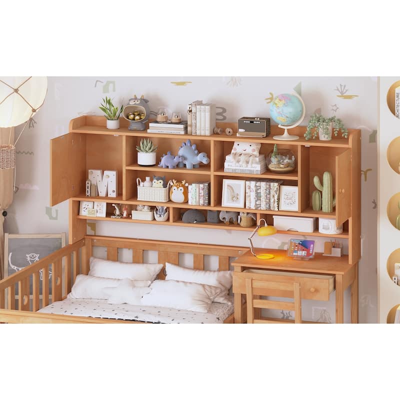 Twin Size Multifunctional Wood Platform Bed with Bookshelf at the Head of the Bed, Built-in Desk and Matching Chair, Natural