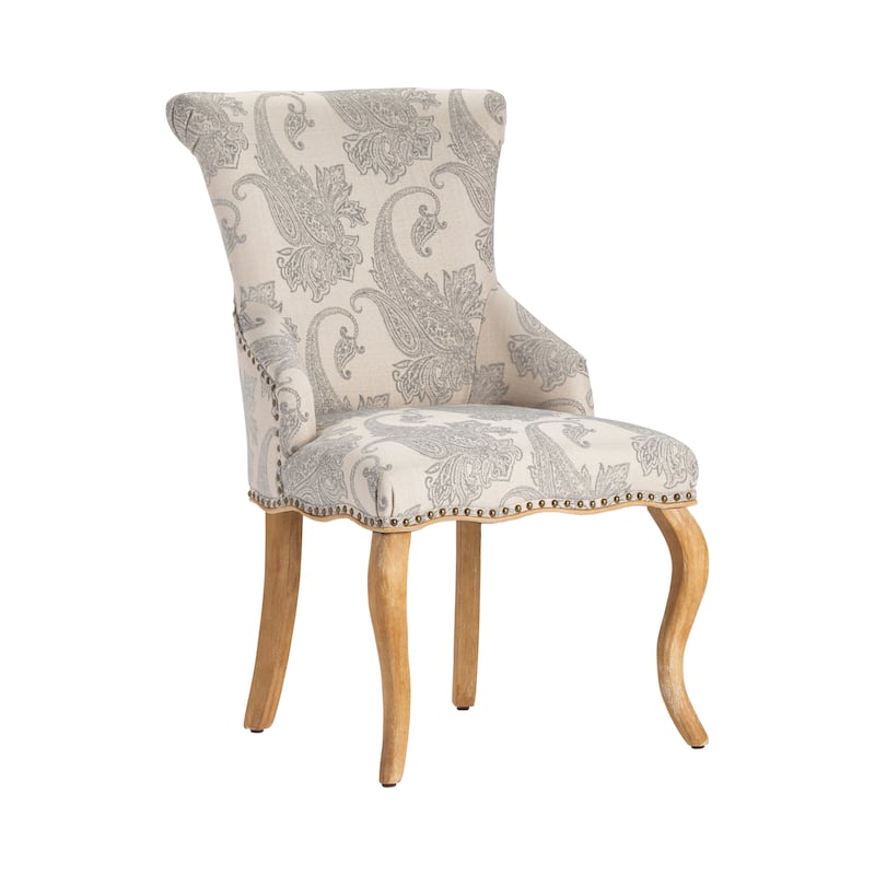 Gray and Cream Upholstered Accent Side Chair with Brown Solid Wood Frame