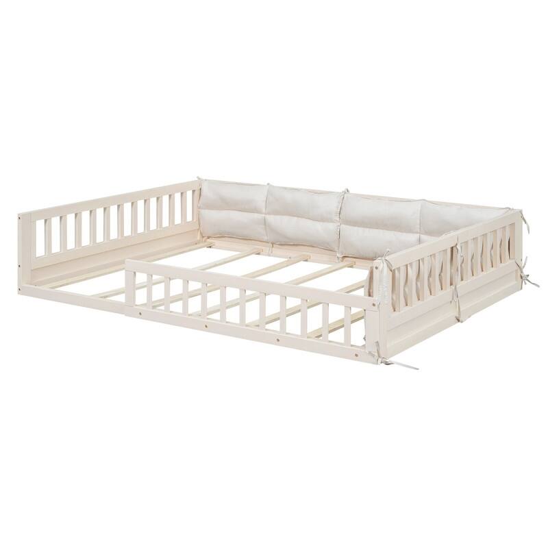 Full Size Wood Toddler Bed with Guardrail and Upholstered Pillow