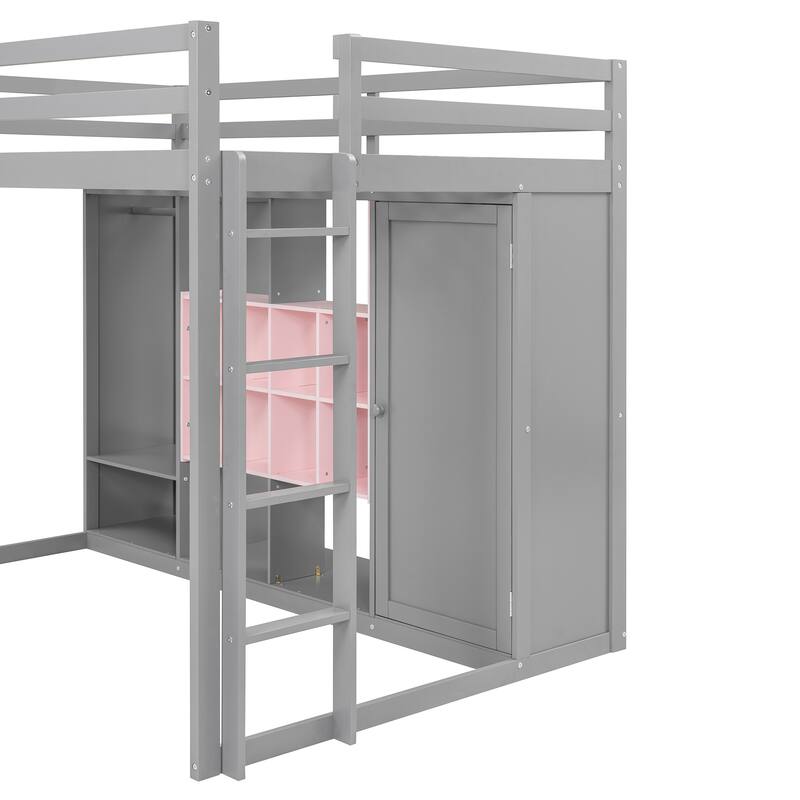 Full Size Wood Loft Bed with Wardrobe Shelves and Cabinet Storage