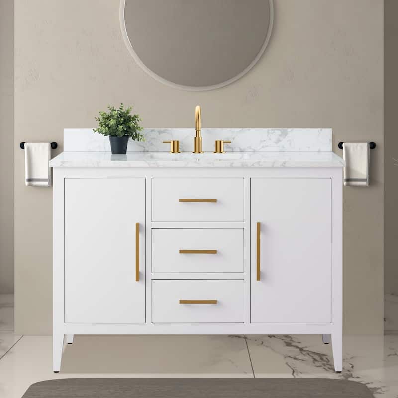 Vanity Art 48" Single Sink Bathroom Vanity Cabinet with Engineered Marble Countertop - 48"/Golden Brushed Handle - White