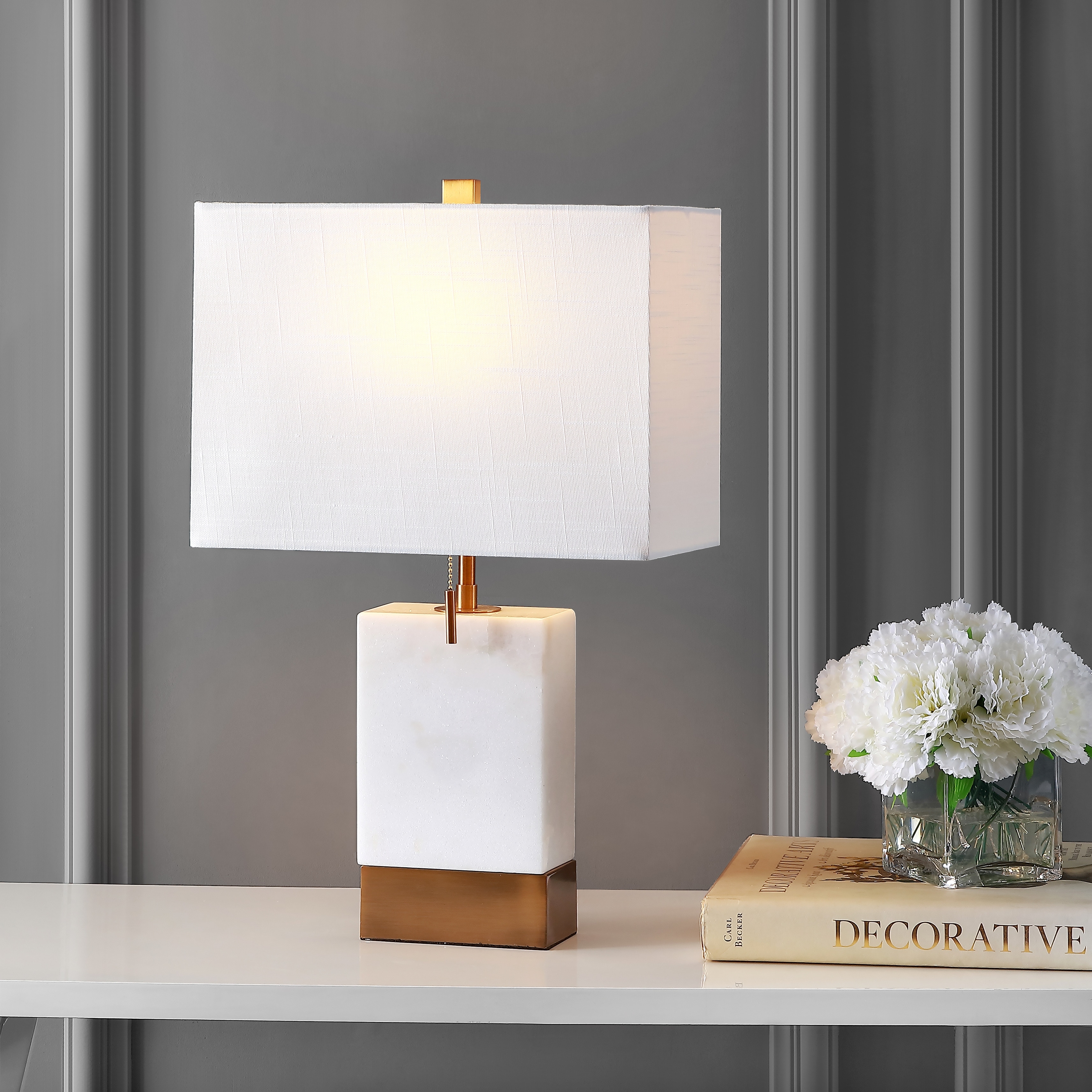 JONATHAN Y Travis 22.5" Marble/Iron Gold Modern Console LED Table Lamp, white